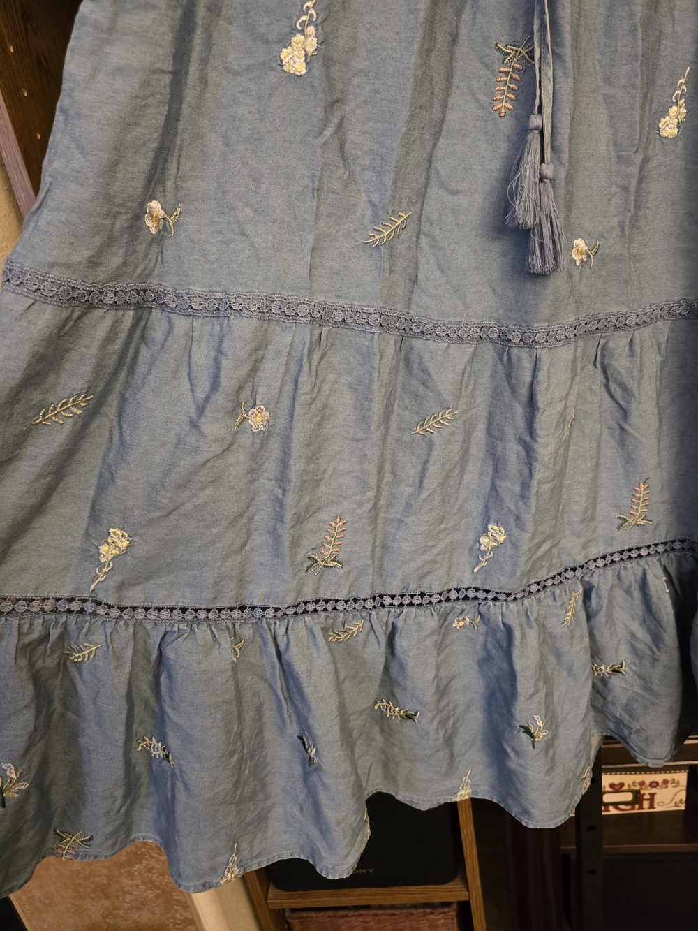 Indigo Rose Tencel Embroidered Chambray Tiered Maxi Skirt Boho Prairie Size M - Picture 3 of 6